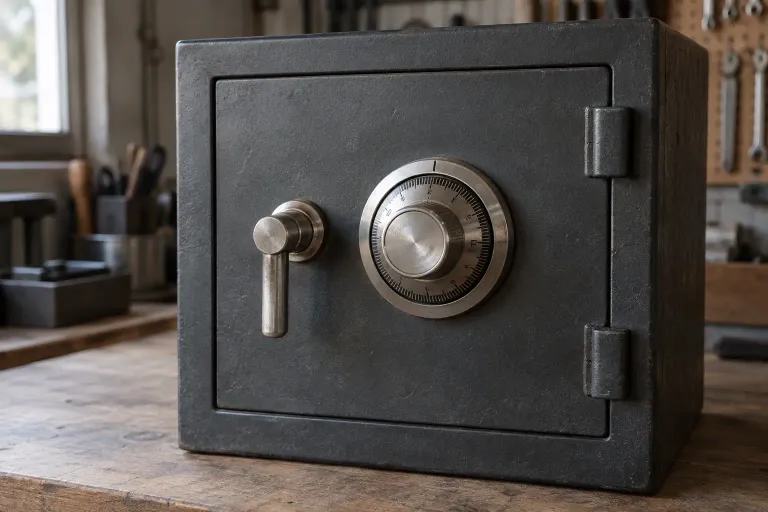 Dial y manija de una caja fuerte mecánica cerrada