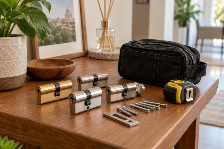 Materiales para instalar una cerradura ordenados sobre una mesa de entrada